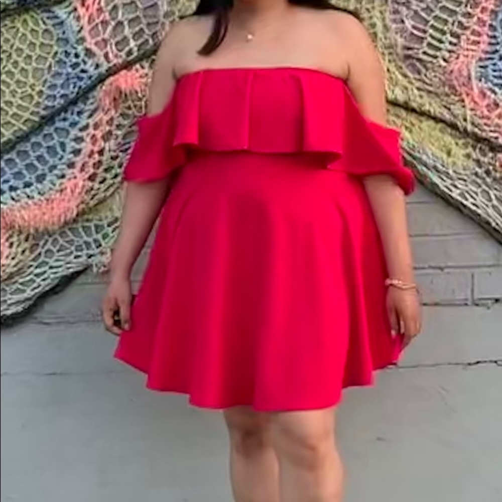 💕Plus size 1XL Ruffle Shoulder Flared dress- pink💕